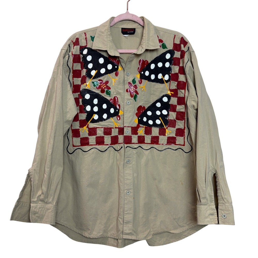Vintage Hand Painted Chicken Shirt Upcycled Folk Art Cottagecore Farmcore Top L‎